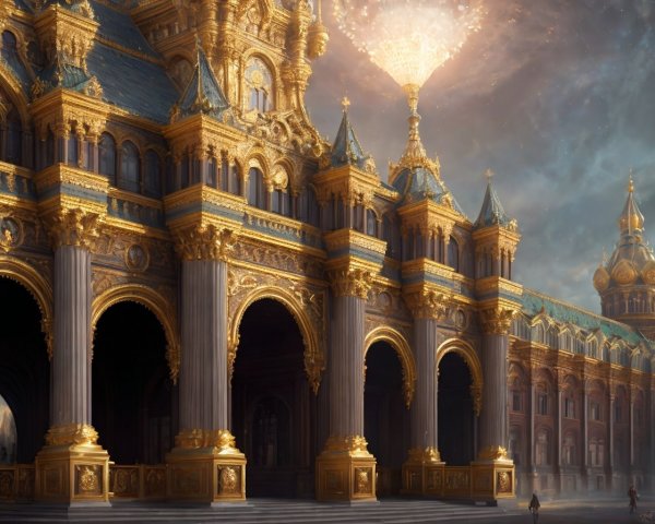 Ornate palace with golden details under cosmic sky