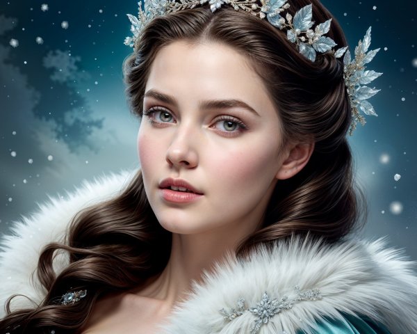 Portrait of a Young Woman in a Fur Cloak with Snowflakes