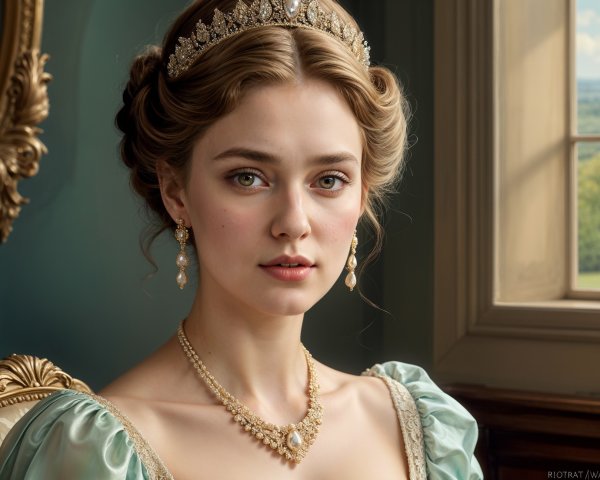 Elegant Young Woman in Regal Gown and Jewelry