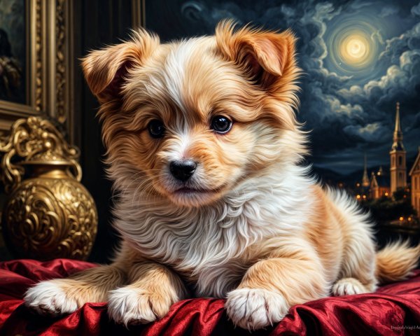 Fluffy Puppy on Red Satin with Moonlit Background