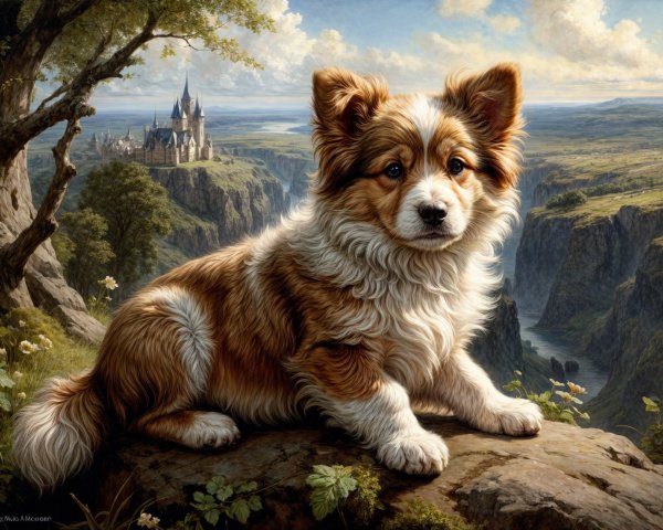 Fluffy Reddish-Brown Dog on Rocky Ledge with Castle