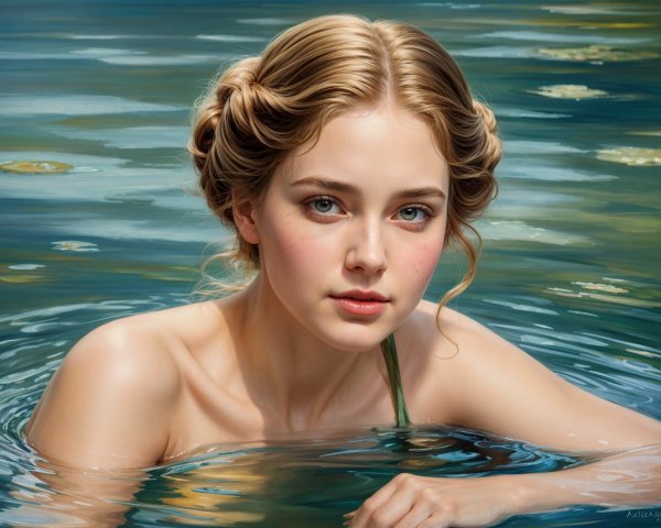 Young Woman Emerging from a Tranquil Pool
