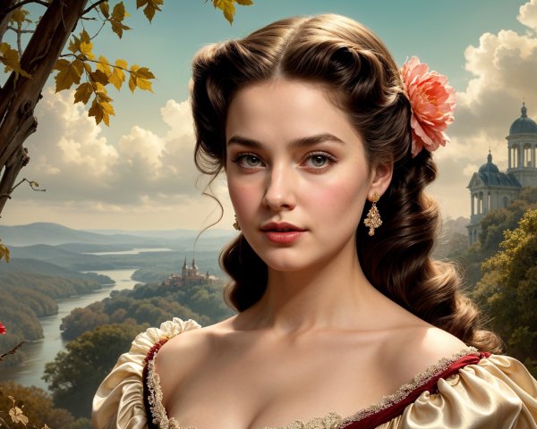 Young Woman in Historical Dress with Serene Landscape