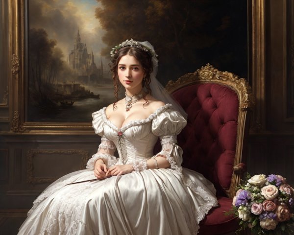 Woman in White Gown on Red Velvet Chair with Bouquet