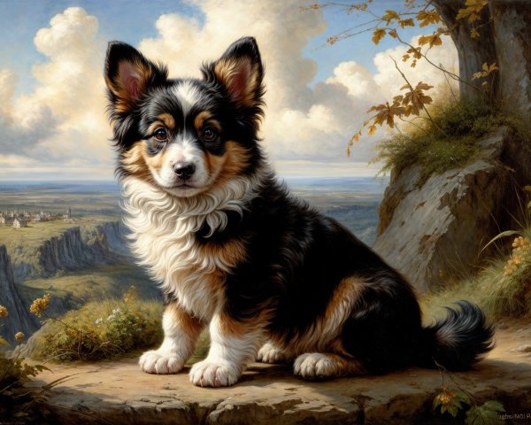 Tri-Colored Corgi on Rocky Ledge with Scenic Background