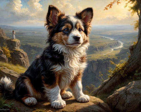 Fluffy Tri-Colored Dog on Rocky Ledge with Landscape