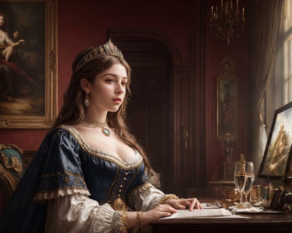 Woman in Royal Dress in Luxurious Room Setting