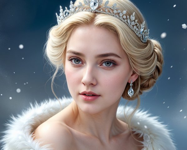 Elegant Woman in Tiara Surrounded by Snowflakes