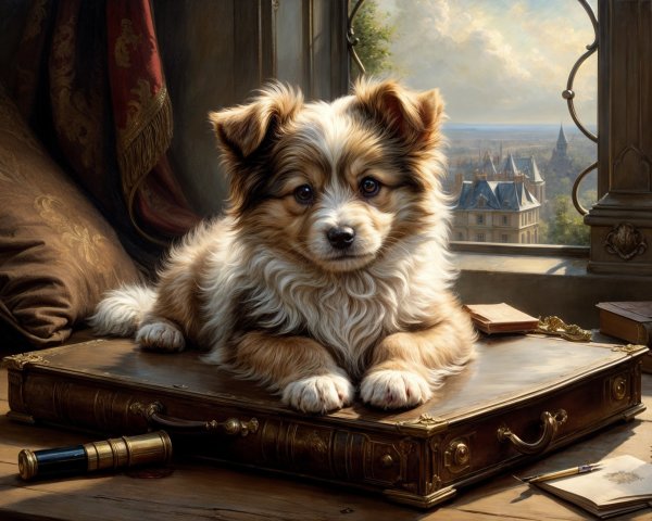 Fluffy Tan and White Puppy on Antique Desk with City View