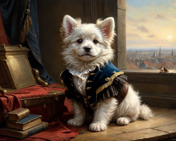 Regal Dog in Ornate Room with Scenic Backdrop