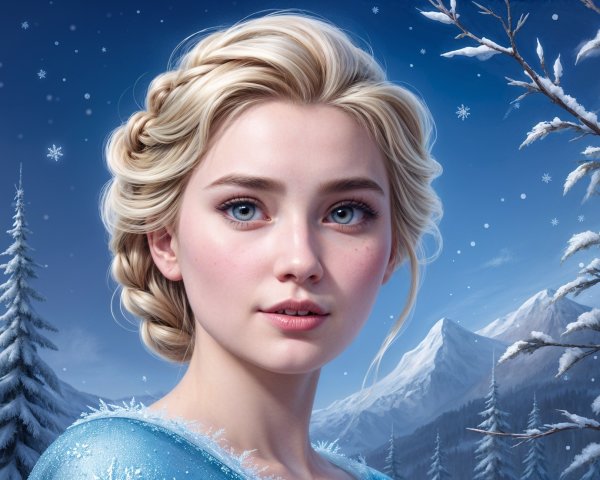 Young woman in icy-blue gown with serene expression