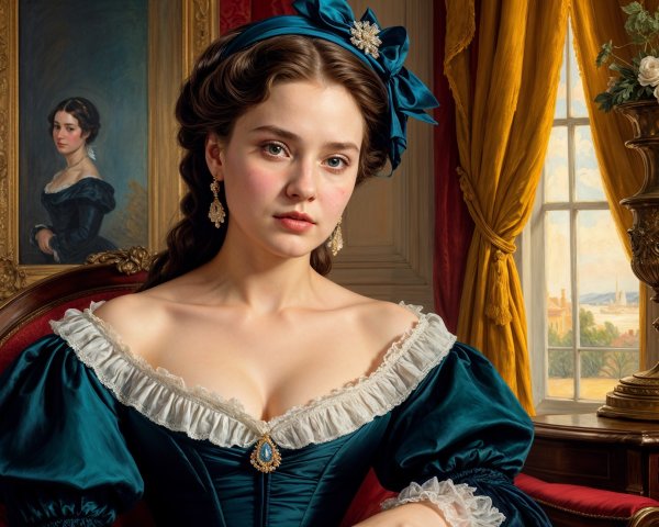 Elegant Woman in Teal Gown with Blue Bow in Opulent Room