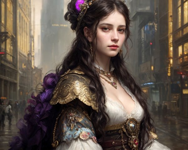 Elegant Woman in Modern Cityscape with Regal Fashion