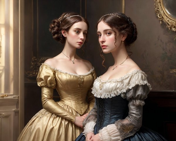 19th-Century Women in Elegant Dresses in Vintage Room