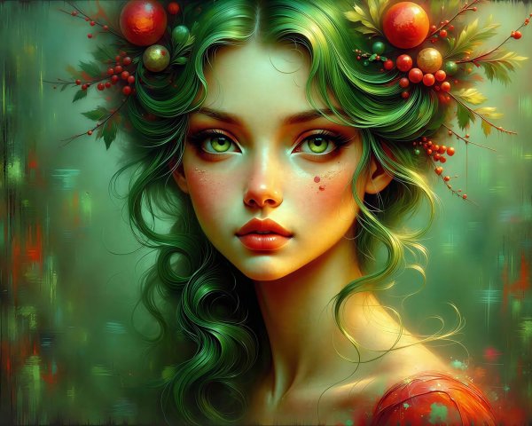 Whimsical Portrait of a Young Woman with Green Hair