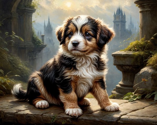 Fluffy Tri-Color Puppy on Stone Ledge with Castle