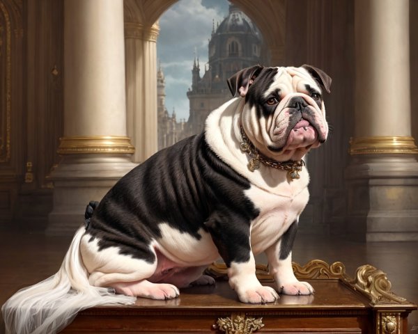 Muscular Bulldog in Gold Chain Collar in Opulent Room
