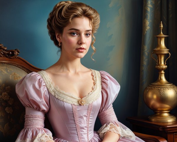 Young Woman in Elegant Pink Gown with Vintage Decor
