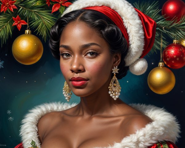 Festive Woman in Santa Hat and Holiday Decor