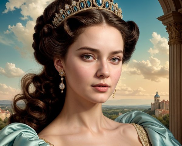 Regal Young Woman in Blue Gown with Castle Background