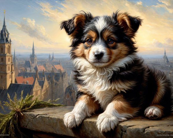 Fluffy Tri-Colored Puppy Against Cityscape at Sunset