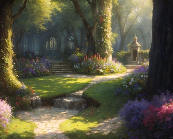 Tranquil garden with stone path, archway, and fountain