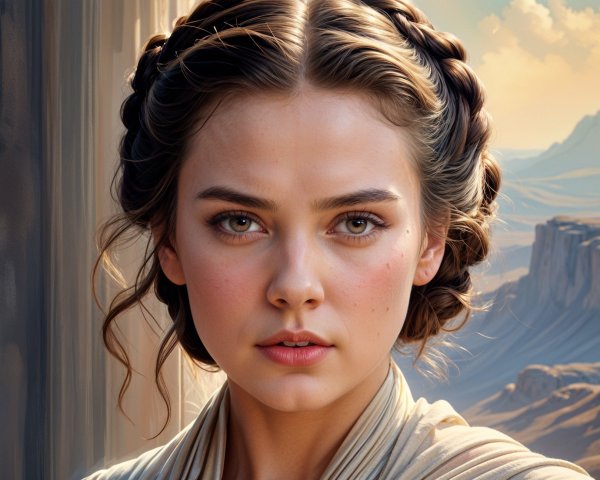 Young woman with braided hair in serene landscape