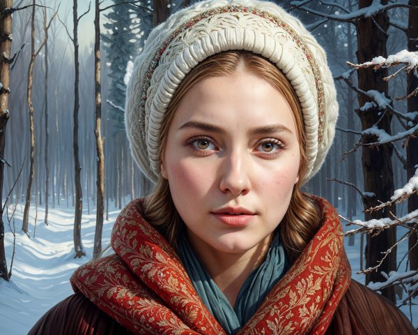 Young Woman in Snowy Forest with Warm Attire