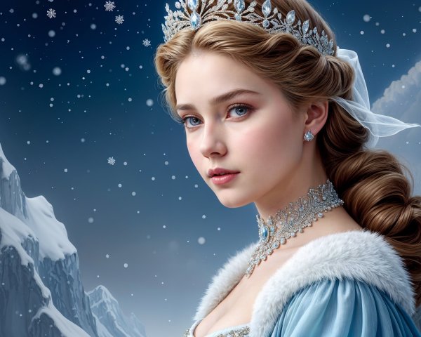 Regal Figure in Blue Gown Against Winter Backdrop