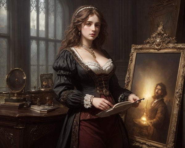 Woman in Historical Dress by Candlelit Mirror