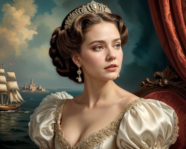 Elegant Vintage Gown with Serene Seascape Background