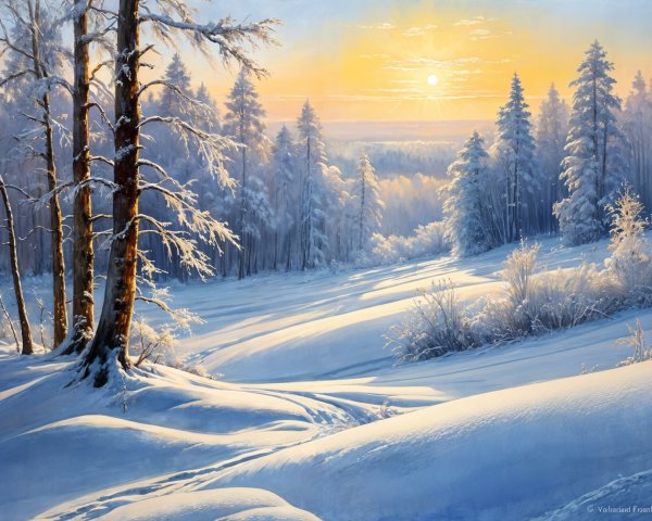 Serene Winter Landscape with Golden Sunrise Glow