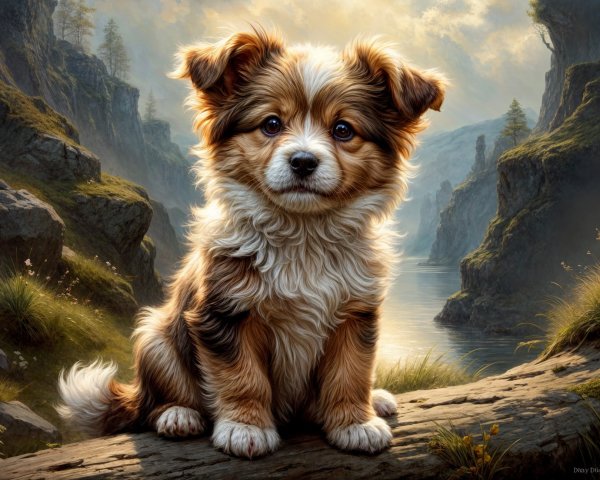 Fluffy Brown and White Puppy by a Serene River