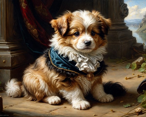 Fluffy Puppy with Blue Collar in Scenic Landscape