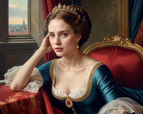 Young woman in historical gown seated in luxurious interior