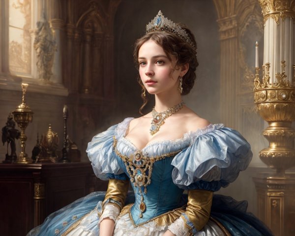 Regal woman in blue gown and tiara in opulent room