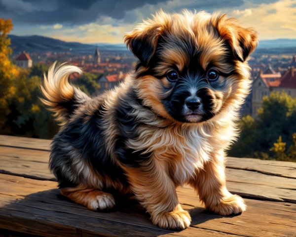 Fluffy Puppy on Wooden Surface with Scenic Background