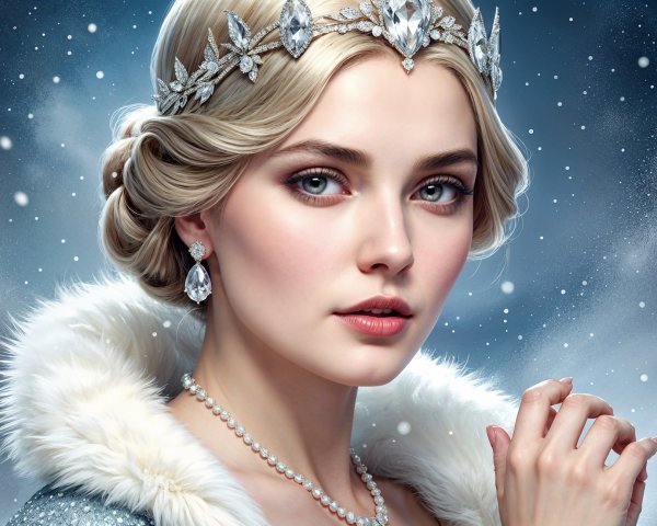Young woman in fur cloak with blue eyes and tiara