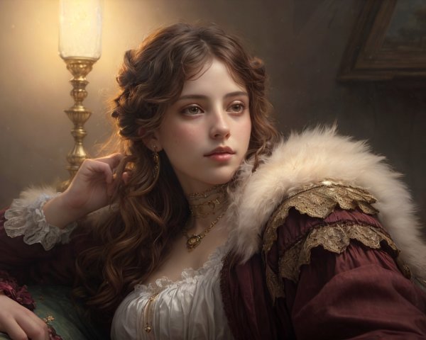 Young woman in vintage garment with fur collar and jewelry