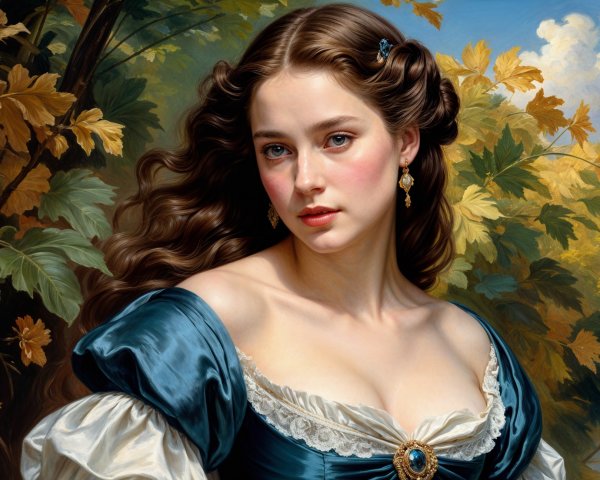 Young woman in blue gown among autumn foliage