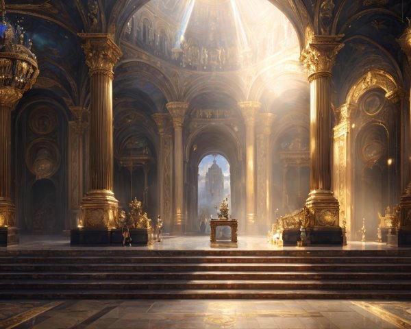 Golden columns and sunlight in ornate cathedral interior