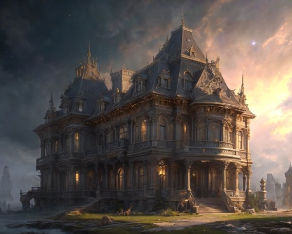 Ornate Fantasy Mansion at Sunset in Serene Landscape