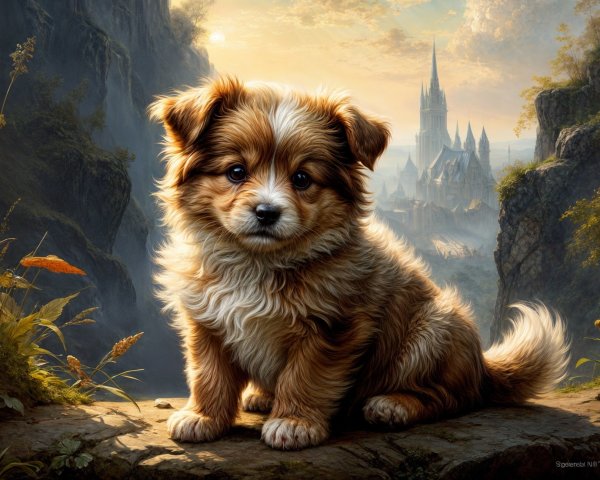 Fluffy Puppy on Rocky Ledge with Mystical Landscape