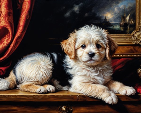 Fluffy Tan and White Puppy on Wooden Surface with Art