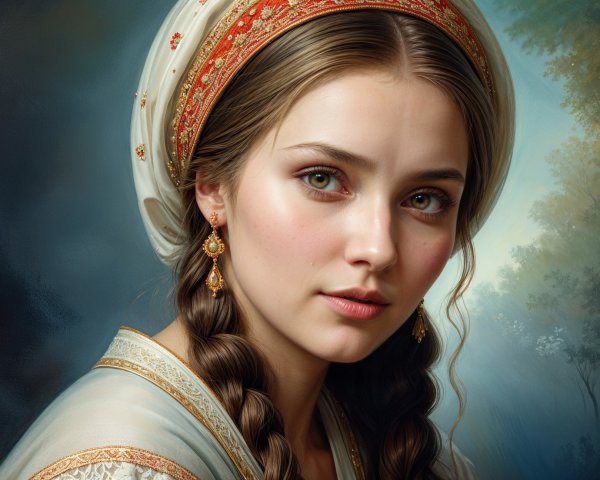 Young woman with braided hair and ornate headpiece