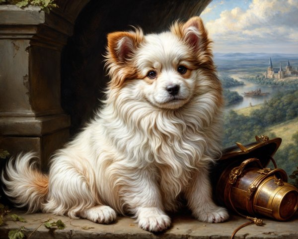 Cream-colored dog with brown accents in serene landscape