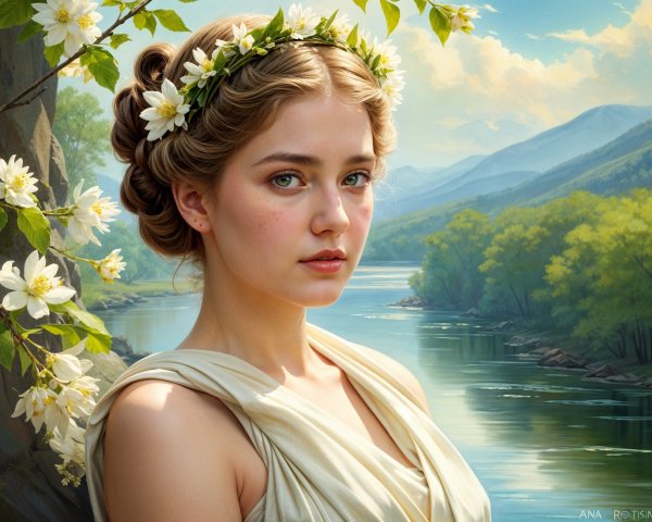Serene Young Woman in Floral Crown by Calm River