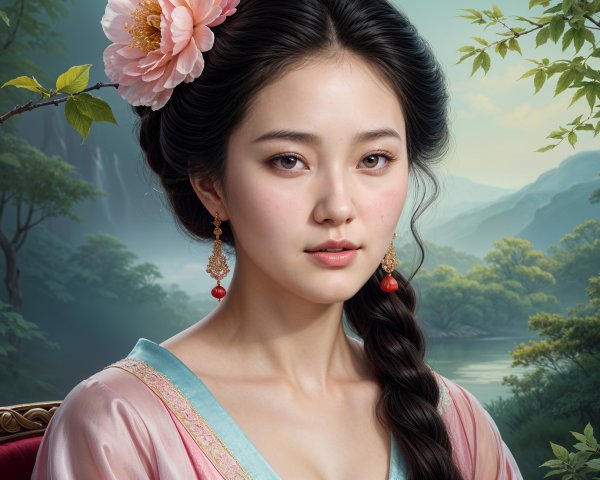 Young Woman in Traditional Attire Against Serene Landscape