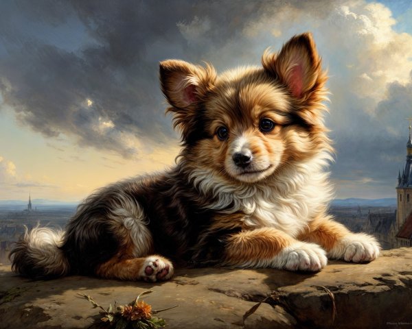 Fluffy Corgi Puppy Resting on Rocky Outcrop