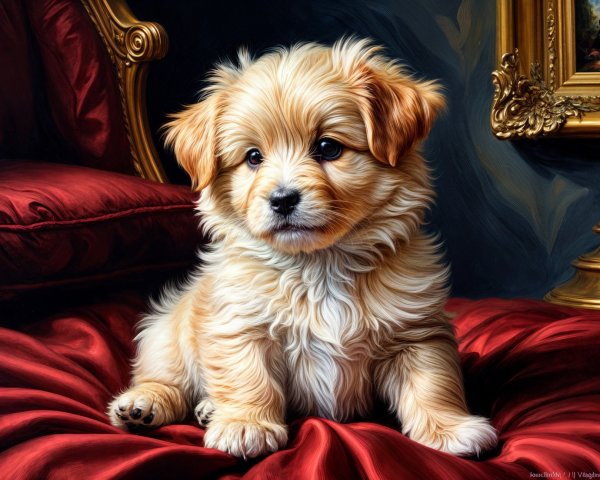 Golden puppy on red velvet cushion with ornate frame